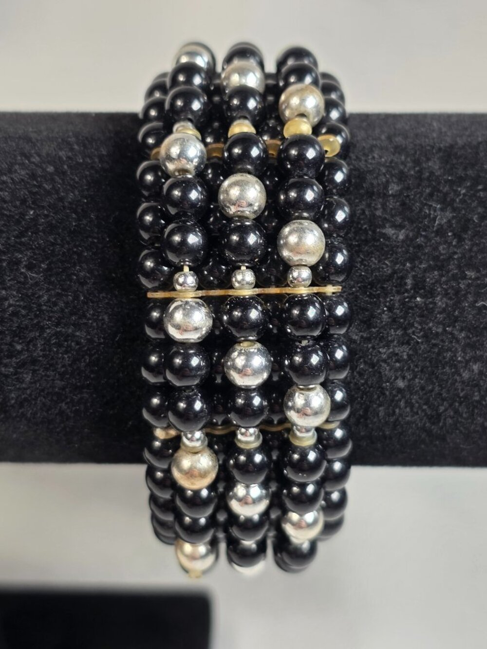Multi-Strand Chunky Stretch Black Beaded Bracelet Silver Tone Accent Beads